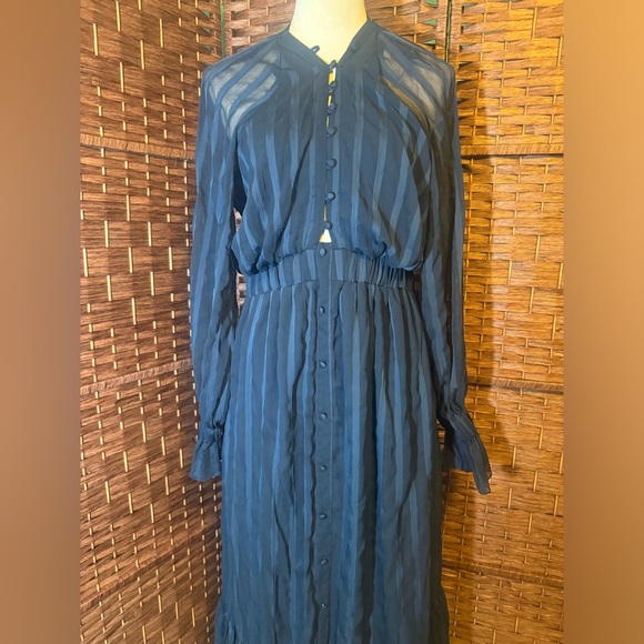 ASOS Dress Blue Pin Strip Sz 10 Sheer Overlay Long Sleeve Exposed Back ruffles - Picture 2 of 16